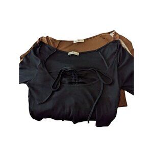 Active USA Womens L Long Sleeve Crop Top Lot of 2 Ruched Tie Front Double Layer
